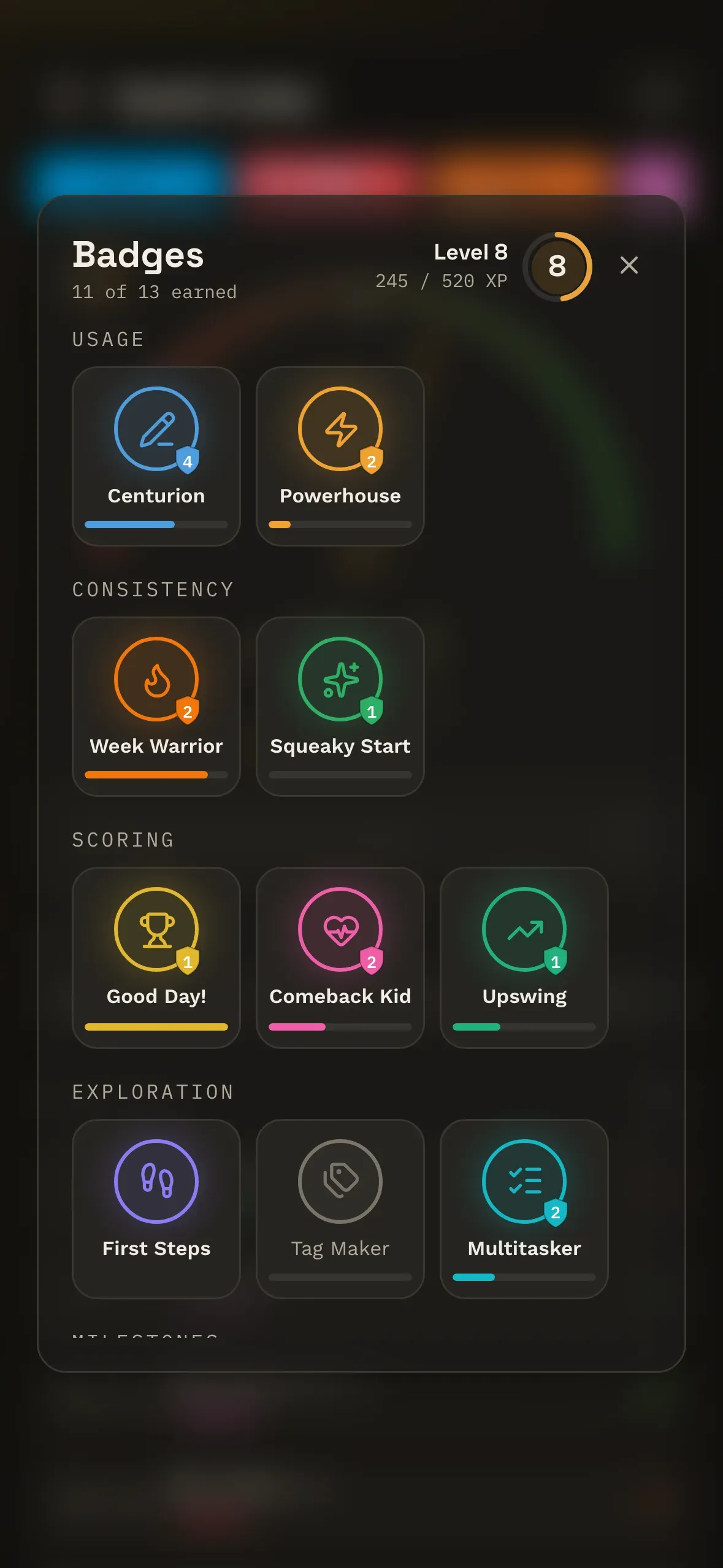 The badge panel: Level 8, 245 of 520 XP, eleven of thirteen earned, with the Usage and Consistency categories and their tier progress.