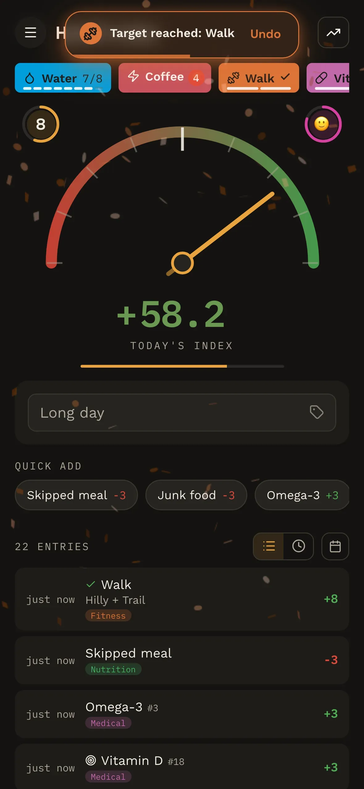 A logged walk reading \u201cHilly + Trail\u201d, worth +8, in the day\u2019s entry list.