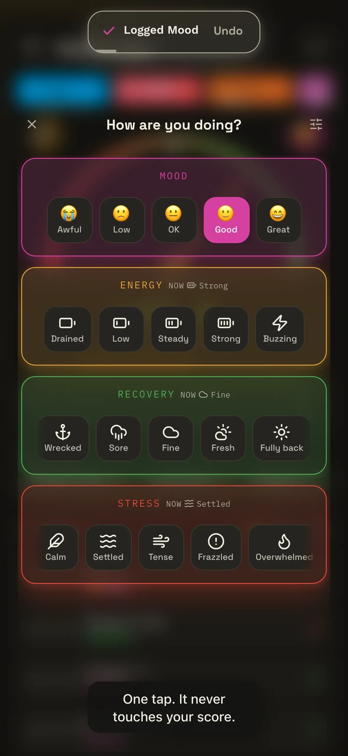 The rating menu: Mood, Energy, Recovery and Stress, each a row of five options.
