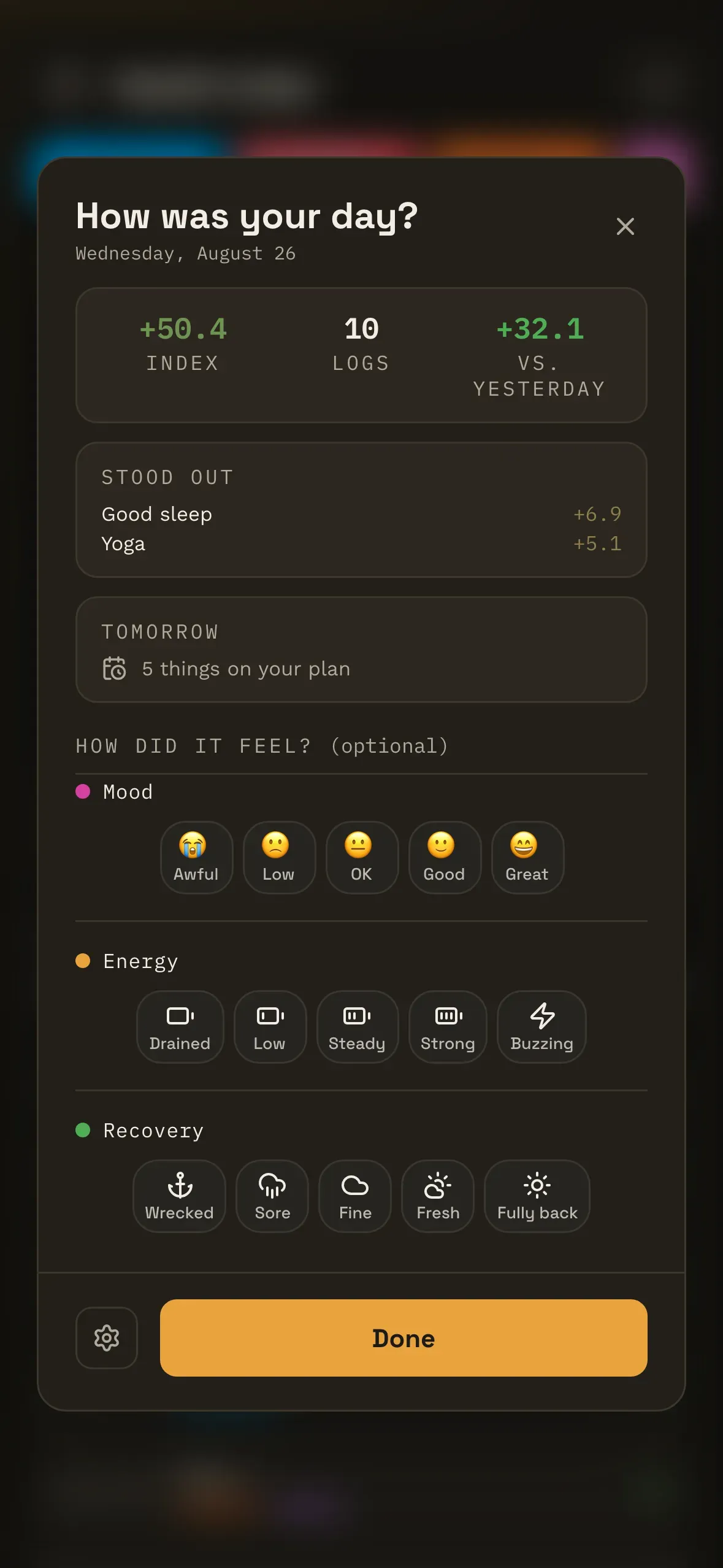 The end-of-day review: the day\u2019s index, log count and change against yesterday, above optional mood, energy and recovery scales.